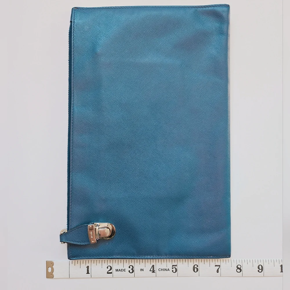 PRADA Saffiano Leather Blue Zipper Clutch Pouch Bag With Silver Hardware. - Picture 3 of 14